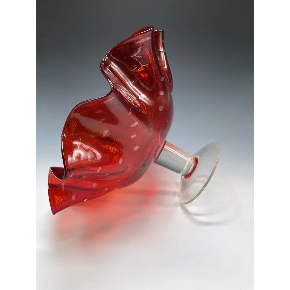 Vtg‎ Bischoff Amberina Ruffled Compote Bowl Bubbles Glass Clear Stem Banana Boat